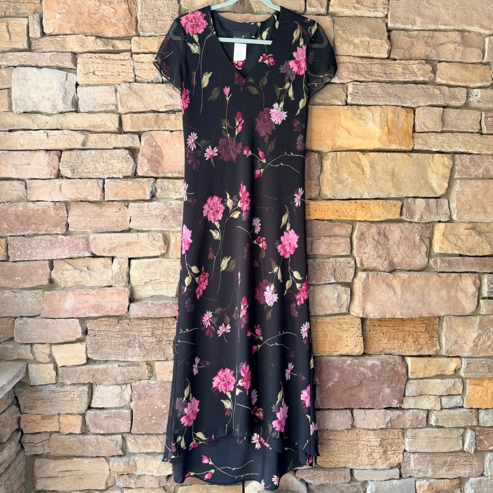 VTG Y2K Positive Attitude Women 9 Maxi Dress Black Floral Sheer Layered Chiffon
